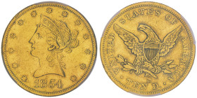 10 Dollars, San Francisco, 1854 S, AU 16.72 g.
Ref : Fr.157, KM#66.2
Conservation : PCGS AU 50
