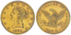 10 Dollars, Philadelphia, 1860 , AU 16.72 g.
Ref : Fr.155, KM#66.2
Conservation : PCGS AU 53