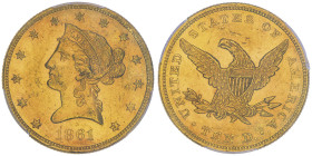 10 Dollars, Philadelphia, 1861 , AU 16.72 g.
Ref : Fr.155, KM#66.2
Conservation : PCGS MS 61
