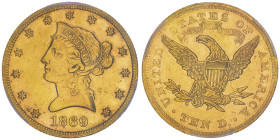 10 Dollars, Philadelphia, 1869, AU 16.72 g.
Ref : Fr.158, KM#102
Conservation : PCGS AU 53
Quantité : 60/75 exemplaires. Rarissime