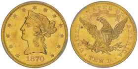 10 Dollars, Philadelphia, 1870, AU 16.72 g.
Ref : Fr.158, KM#102
Conservation : PCGS AU 55