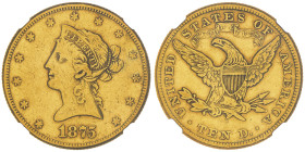 10 Dollars, Carson City, 1875 CC, AU 16.72 g.
Ref : Fr.161, KM#102
Conservation : NGC XF 40. 
Quantité : 7.715 exemplaires. Très Rare