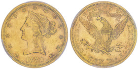 10 Dollars, Philadelphia, 1880, AU 16.72 g.
Ref : Fr.158, KM#102
Conservation : PCGS AU 58
