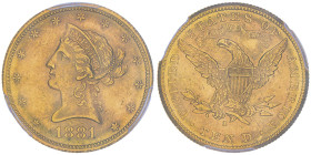 10 Dollars, San Francisco, 1881 S, AU 16.72 g.
Ref : Fr.160, KM#102
Conservation : PCGS MS 63