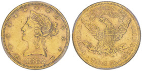 10 Dollars, San Francisco, 1882 S, AU 16.72 g.
Ref : Fr.160, KM#102
Conservation : PCGS MS 61