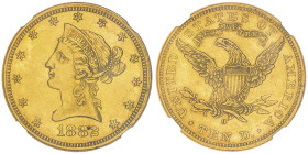 10 Dollars, New Orleans, 1882 O , AU 16.72 g.
Ref : Fr.159, KM#102
Conservation : NGC AU 55+