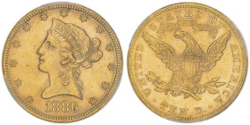 10 Dollars, Philadelphia, 1886, AU 16.72 g.
Ref : Fr.158, KM#102
Conservation : PCGS MS 63