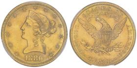10 Dollars, San Francisco, 1886 S, AU 16.72 g.
Ref : Fr.160, KM#102
Conservation : PCGS MS 63