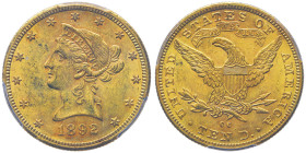 10 Dollars, Carson City, 1892 CC, AU 16.72 g.
Ref : Fr.161, KM#102
Conservation : PCGS MS 62. Rare