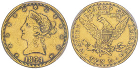 10 Dollars, San Francisco, 1894 S, AU 16.72 g.
Ref : Fr.160, KM#102
Conservation : PCGS AU 50