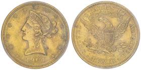 10 Dollars, Philadelphia, 1901, AU 16.72 g.
Ref : Fr.158, KM#102
Conservation : PCGS MS 64