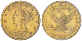 10 Dollars, San Francisco, 1901 S, AU 16.72 g.
Ref : Fr.160, KM#102
Conservation : PCGS MS 64+
