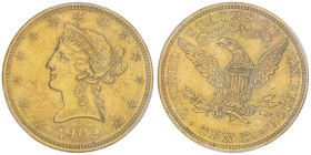 10 Dollars, Philadelphia, 1902, AU 16.72 g.
Ref : Fr.158, KM#102
Conservation : PCGS MS 61