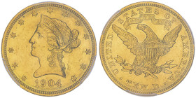 10 Dollars, Philadelphia, 1904, AU 16.72 g.
Ref : Fr.158, KM#102
Conservation : PCGS MS 61