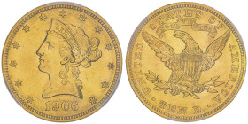 10 Dollars, Philadelphia, 1906, AU 16.72 g.
Ref : Fr.158, KM#102
Conservation : PCGS MS 62