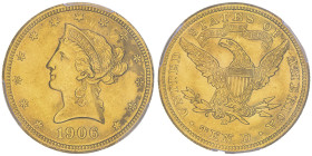 10 Dollars, Denver, 1906 D, AU 16.72 g.
Ref : Fr.162, KM#102
Conservation : PCGS MS 62