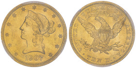 10 Dollars, Philadelphia, 1907, AU 16.72 g.
Ref : Fr.158, KM#102
Conservation : PCGS MS 64