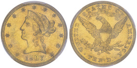 10 Dollars, Denver, 1907 D, AU 16.72 g.
Ref : Fr.162, KM#102
Conservation : PCGS MS 61