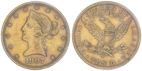 10 Dollars, San Francisco, 1907 S, AU 16.72 g.
Ref : Fr.160, KM#102
Conservation : PCGS AU 53