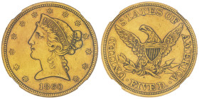 5 Dollars, Philadelphia, 1860, AU 8.36 g.
Ref : Fr. 143, KM#101
Conservation : NGC AU 55