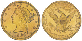 5 Dollars, Denver, 1906 D, AU 8.36 g.
Ref : Fr. 147
Conservation : NGC MS 61