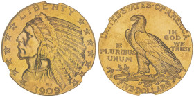 5 Dollars Indian, Denver, 1909 D, AU 8.36 g.
Ref : Fr. 151
Conservation : NGC MS 63