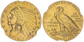 5 Dollars Indian, Philadelphia, 1911, AU 8.36 g.
Ref : Fr. 148 , KM#129
Conservation : NGC AU 58