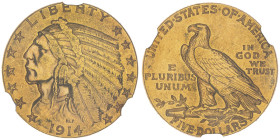 5 Dollars Indian, Philadelphia, 1914, AU 8.36 g.
Ref : Fr. 148 , KM#129
Conservation : NGC AU 55