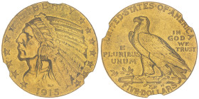 5 Dollars, San Francisco, 1915 S, AU 8.35 g.
Ref : Fr. 150, KM#129
Conservation : NGC AU 55