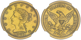 2.5 Dollars, New Orleans, 1851 O, AU 4.18 g.
Ref : KM#72, Fr.118
Conservation : NGC AU 58