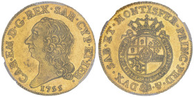 Maison de Savoie
Carlo Emanuele III - Secondo Periodo 1755-1773
Doppia Nuova, Torino, 1755, AU 9.62 g.
Ref : MIR 943a (R2), Sim. 30, Biaggi 808a, Fr. ...