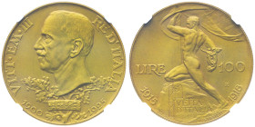 100 Lire, Roma, 1925 R, AU 32.25 g.
Ref : Cud. 1230b (R5), MIR 1117a, Pag. 645, Fr. 32 Conservation : NGC PROOF 65 MATTE