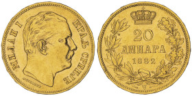 Serbia
Milan Obrenović IV 1868-1882
20 Dinara, 1882 V, AU 6.45 g. 900‰
Ref : Fr. 4, KM#17
Conservation : Superbe