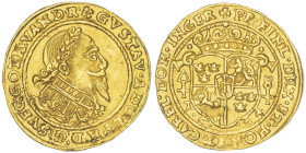Sweden
Gustav II Adolf, 1631-1634
Ducat, 1634 (posthume), AU 3.48 g. 
Avers : GVSTAV.ADOLPH.D:G:SVEC.GOTH.VAND:REX. 
Ref : PR.FINL.DUX.ET MON.ET CAREL...