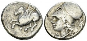Corinth AR Stater, c. 375-300 BC 

Corinthia, Corinth . AR Stater (19-21 mm, 8.40 g), c. 375-300 BC.
Obv. Pegasos flying left, koppa below. 
Rev. ...