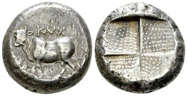 Kalchedon AR Tetradrachm, c. 386-340 BC 

 Kalchedon , Bithynia. AR Tetradrachm (21 mm, 15.10 g), c. 386-340 BC.
Obv. KAΛX, bull to left on corn-ea...