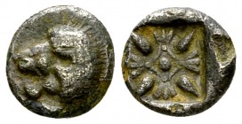 Miletos AR Obol, c. 525-475 BC 

Ionia, Miletos . AR Obol (9 mm, 0.89 g), c. 525-475 BC.
Obv. Forepart of lion to left.
Rev. Stellate pattern in i...