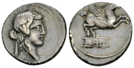 Q. Titius AR Denarius, 90 BC 

 Q. Titius . AR Denarius (17-18 mm, 3.49 g), Rome, 90 BC.
Obv. Head of Liber right, wearing ivy-wreath.
Rev. Pegasu...