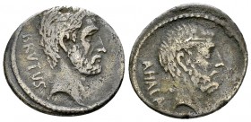 Q. Servilius Caepio Brutus AR Denarius, 54 BC 

 Q. Servilius Caepio (M. Junius) Brutus. AR Denarius (18 mm, 3.42 g), Rome, 54 BC.
Obv. Bare head o...
