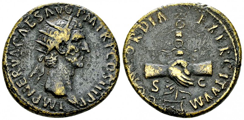 Nerva AE Dupondius, clasped hands reverse 

 Nerva (96-98). AE Dupondius (27-2...
