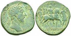 Marcus Aurelius AE Sestertius, Profectio reverse 

 Marcus Aurelius (161-180 AD). AE Sestertius (31-32 mm, 22.47 g), Rome, 168/169 AD.
Obv. M ANTON...
