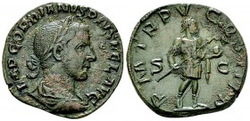 Gordianus III AE Sestertius, emperor reverse 

 Gordianus III Pius (238-244 AD). AE Sestertius (27-28 mm, 19.45 g), Rome, 242-243 AD.
Obv. IMP GORD...