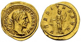 Traianus Decius Aureus, Uberitas reverse 

 Traianus Decius (249-251 AD). Aureus (19-21 mm, 4.59 g), Rome.
Obv. IMP C M Q TRAIANVS DECIVS AVG, Laur...