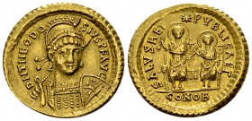 Theodosius II, with Valentinian III AV Solidus, rare 

 Theodosius II (408-450 AD). AV Solidus (20-21 mm, 4.42 g), Constantinople, 425 AD.
Obv. DN ...