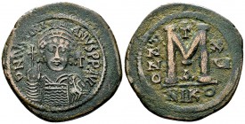 Iustinianus I AE Follis, Nikomedia 

 Iustianianus I (527-565 AD). AE Follis (36-37 mm, 22.39 g), Nikomedia, year 15 (= 541/542).
Obv. D N IVSTINIA...