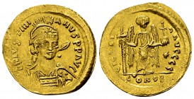 Iustinianus I AV Solidus 

 Iustinianus I (527-565 AD). AV Solidus (21 mm, 4.27 g), Constantinopolis, 527-538 AD.
Obv. D N IVSTINIANVS PP AVG, helm...