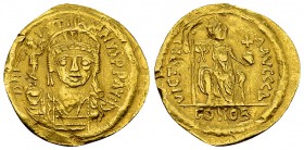 Iustinus II AV Solidus 

 Iustinus II (565-578 AD). AV Solidus (20 mm, 4.41 g), Constantinople.
 Obv. D N IVSTINVS P P AVI, helmeted and cuirassed ...
