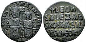 Leo VI with Alexander AE Follis 

 Leo VI the Wise, with Alexander (886-912 AD). AE Follis (25 mm, 5.86 g), Constantinople mint.
Obv. LЄOҺ S ALЄΞAҺ...