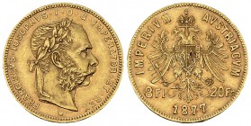 Austria, AV 8 Florins/20 Francs 1877 

 Austria . Franz Joseph I. AV 8 Florins/20 Francs 1877 (6.45 g).
KM 2269.

Sehr schön bis vorzüglich.