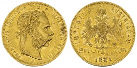 Austria, AV 8 Florins/20 Francs 1881 

 Austria . Franz Joseph I. AV 8 Florins/20 Francs 1881 (6.43 g).
KM 2269.

Fast vorzüglich.